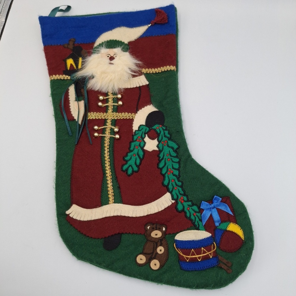 Vintage Santa Claus Embroidered Felt Applique Christmas Stocking 3-D 18"L 1980's